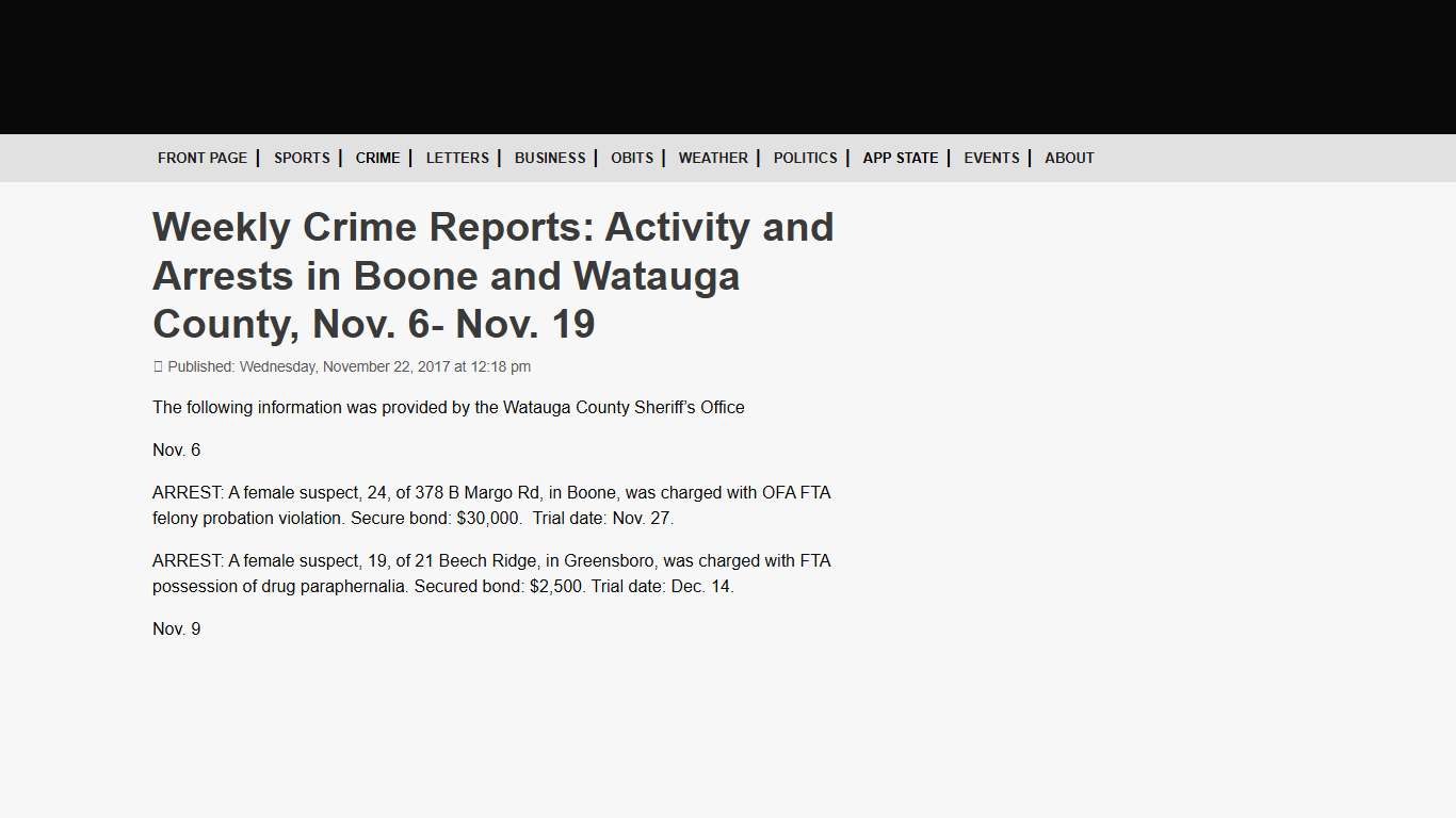 Weekly Crime Reports: Activity and Arrests in Boone and Watauga County, Nov. 6- Nov. 19 - High Country Press